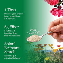 A hand holds a metal spoon with one tablespoon of beige fiber powder against a green background with flowers and serving text.