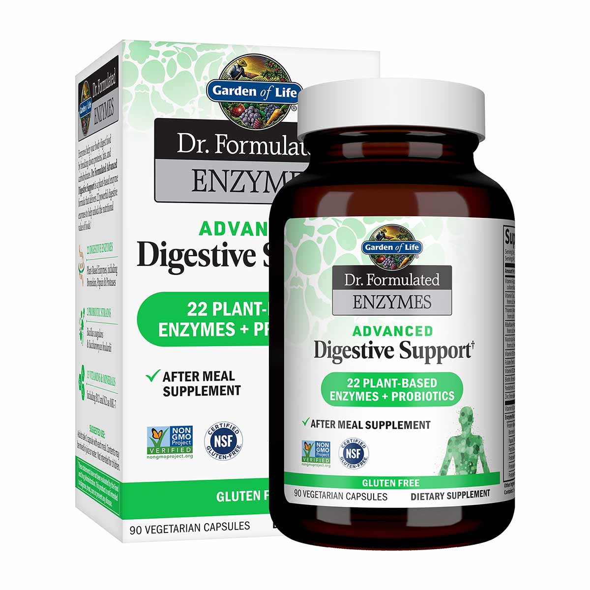 A dark brown supplement bottle with a white cap stands in front of a white and green Garden of Life Digestive Support box.