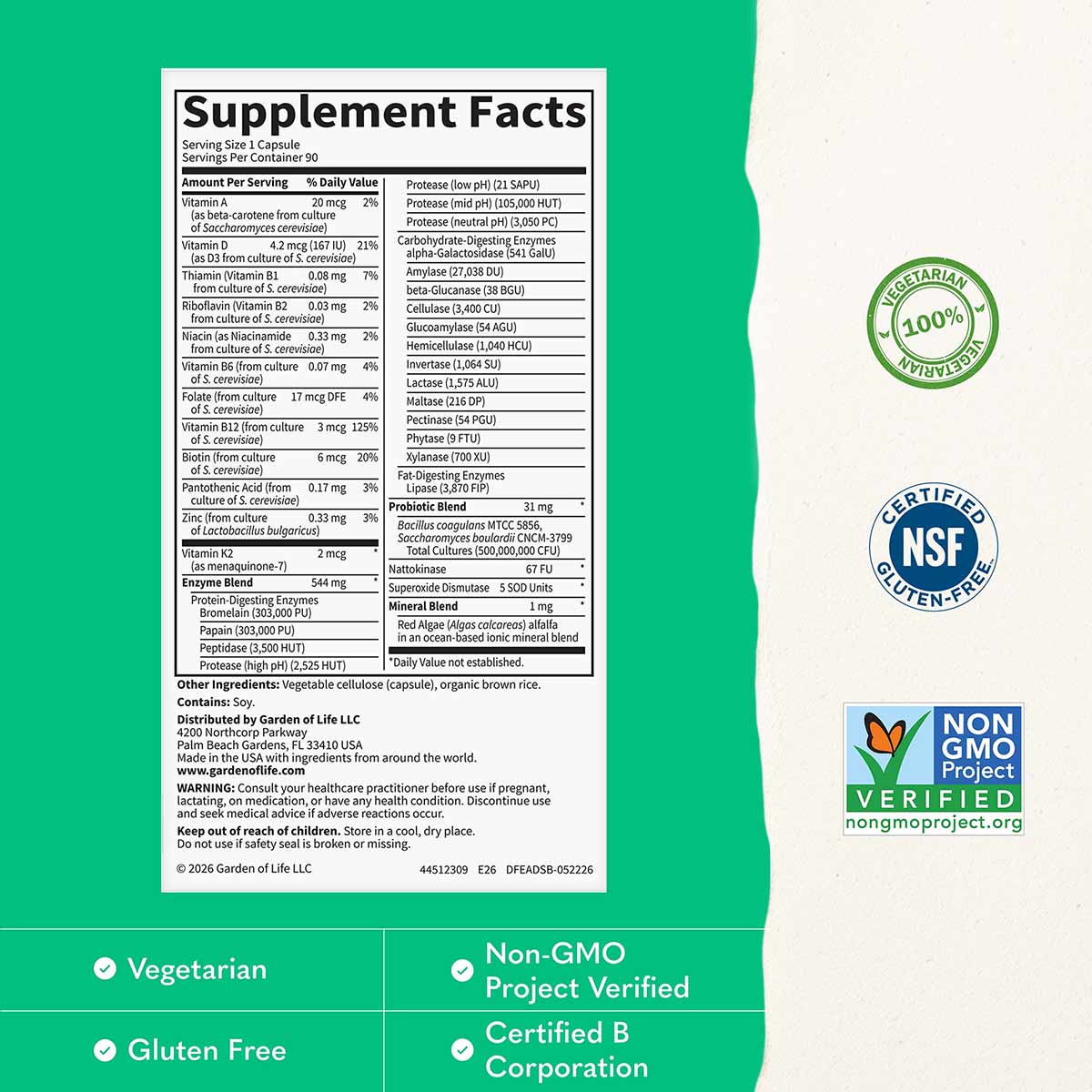 A Supplement Facts label listing enzyme and probiotic blends beside vegetarian, NSF gluten-free, and Non-GMO Project Verified badges on a green background.
