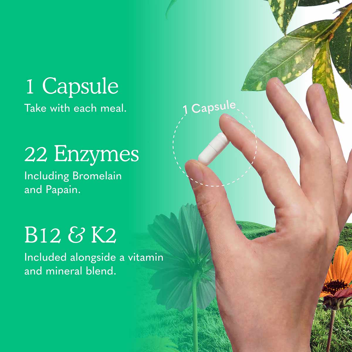 A hand holds one white capsule against a green background with text listing one capsule, 22 enzymes, and B12 and K2.
