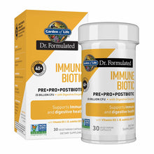 Yellow and white Garden of Life Dr. Formulated Immune Biotic supplement bottle and box containing 30 vegetarian capsules with