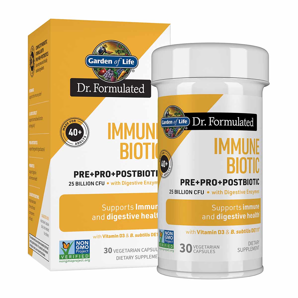 Yellow and white Garden of Life Dr. Formulated Immune Biotic supplement bottle and box containing 30 vegetarian capsules with