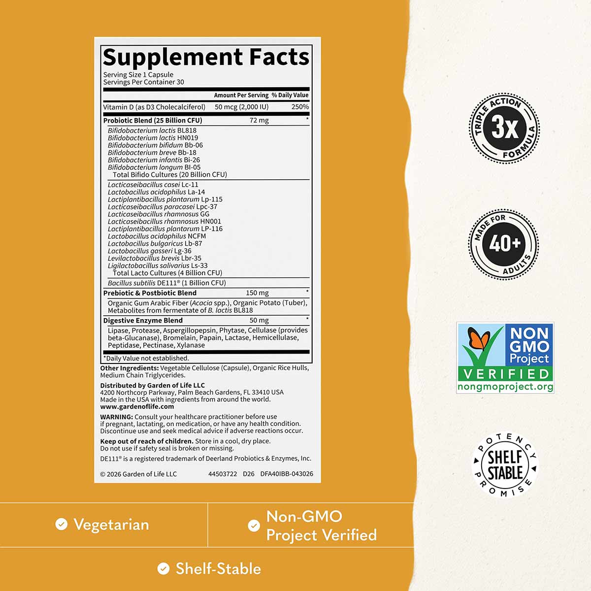 Supplement Facts label for Dr. Formulated Immune Biotic with vitamin D, probiotics, and digestive enzymes on orange backgroun