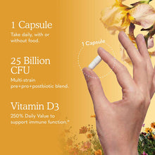 Hand holding a white capsule against a golden background with text describing dosage, CFU count, and Vitamin D3 content.