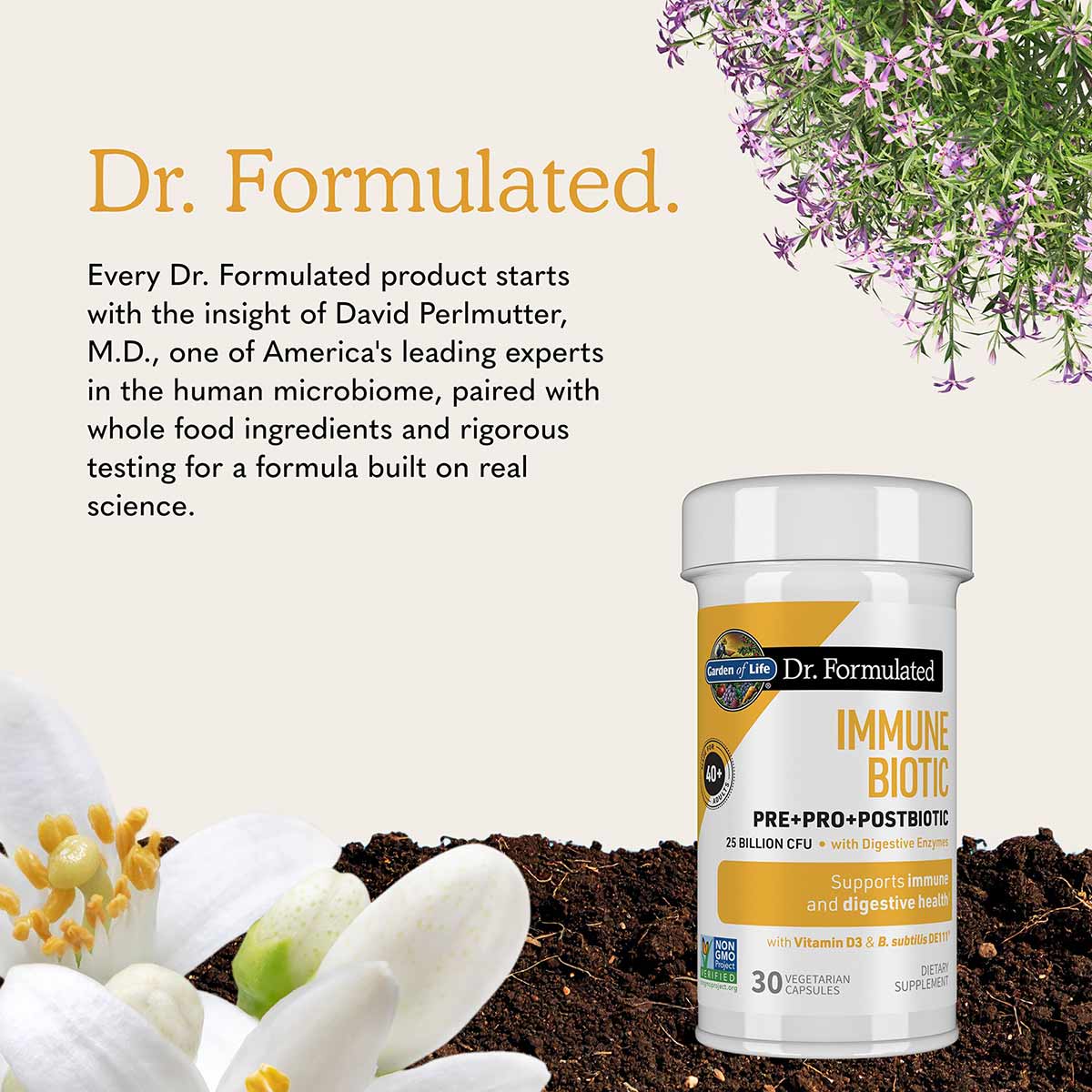 White bottle labeled "Dr. Formulated Immune Biotic" with yellow accent band, containing 30 vegetarian capsules.