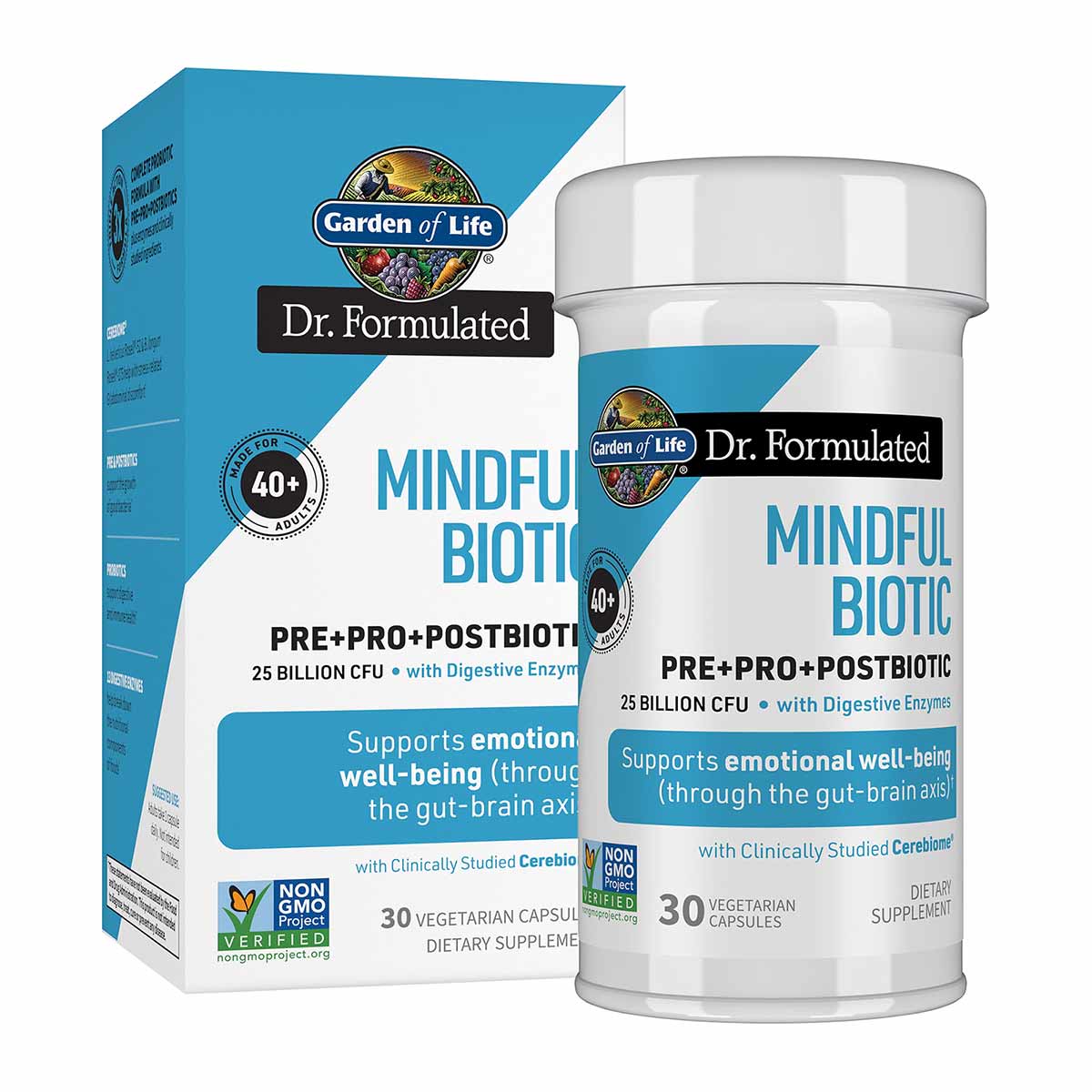 Garden of Life Dr. Formulated Mindful Biotic supplement bottle and turquoise packaging box with 30 vegetarian capsules.