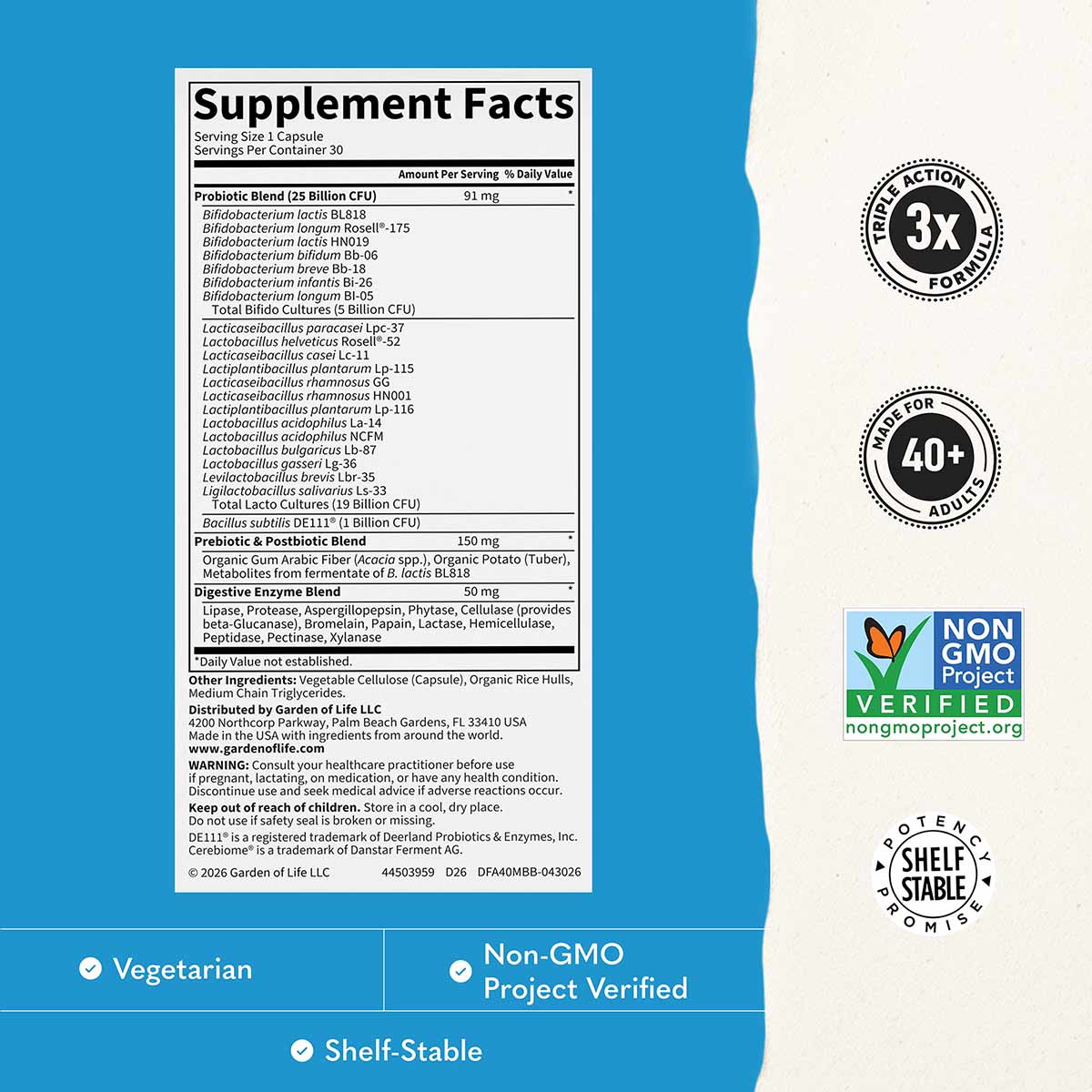 Supplement Facts label for Dr. Formulated Mindful Biotic probiotic capsules with ingredient list, certifications for vegetari
