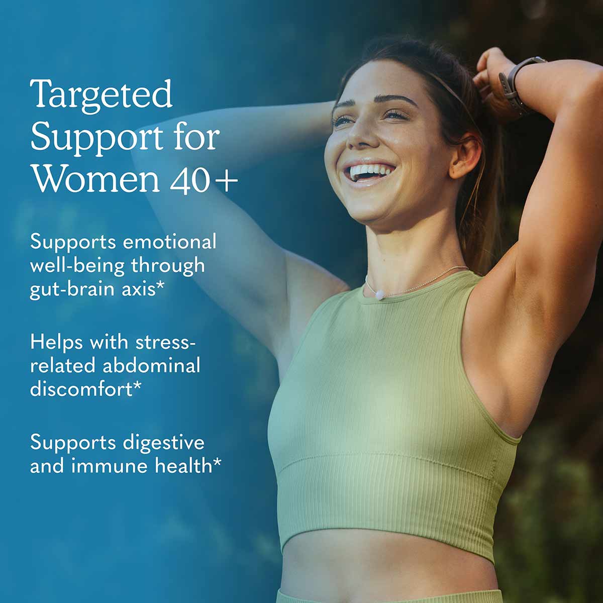 Woman in green crop top smiling with arm raised, text overlay describing probiotic supplement benefits on blue background.