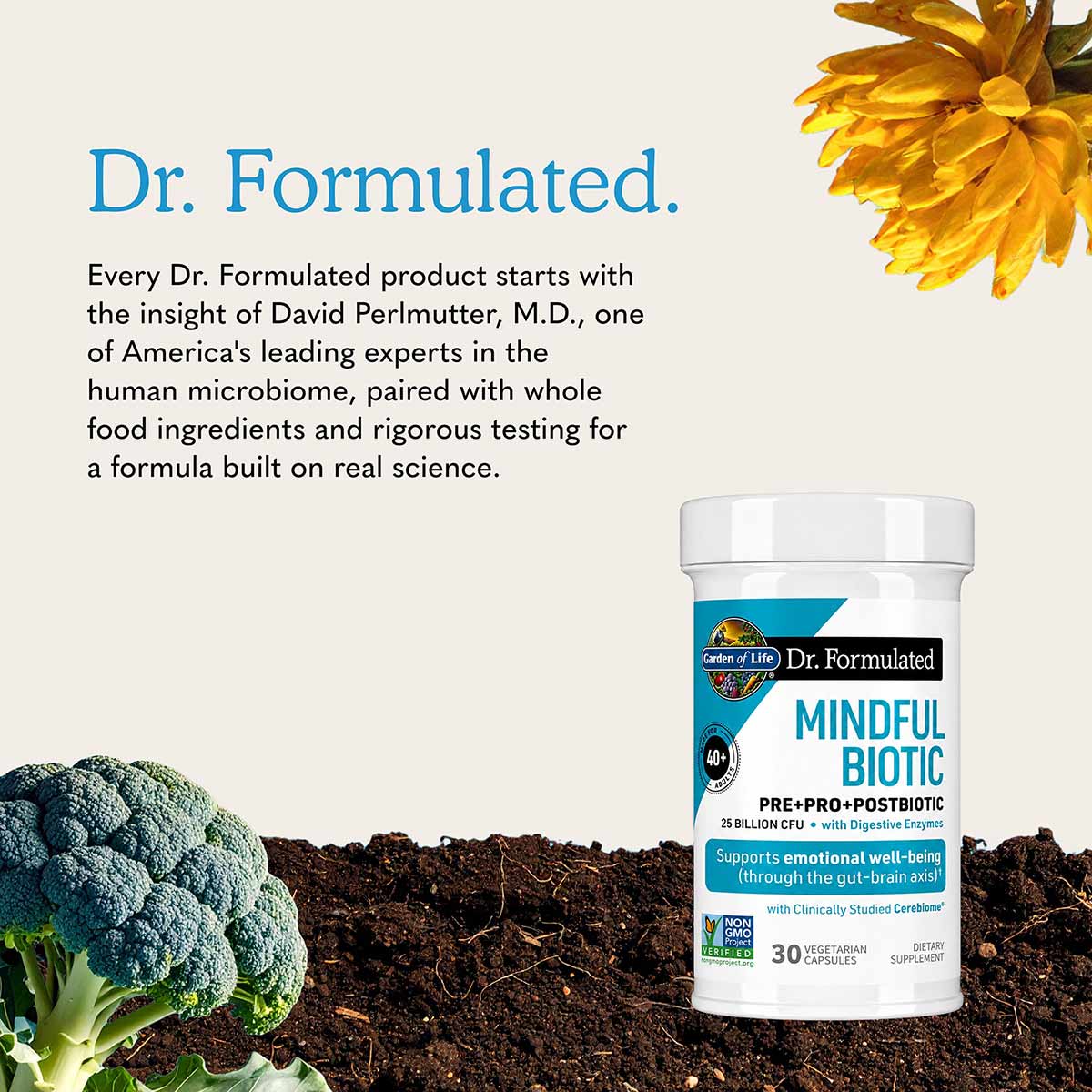 White and blue supplement bottle labeled "Dr. Formulated Mindful Biotic" containing 30 vegetarian capsules, displayed with br