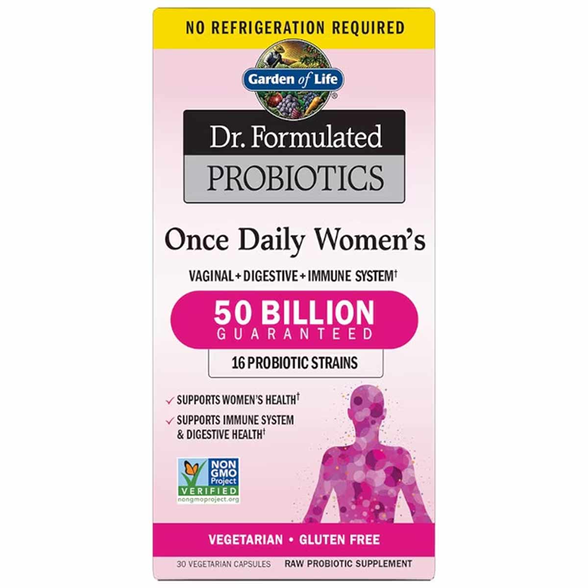 Garden of Life Dr. Formulated Probiotics Once Daily Women's supplement bottle with pink label, 50 billion guaranteed, 16 prob