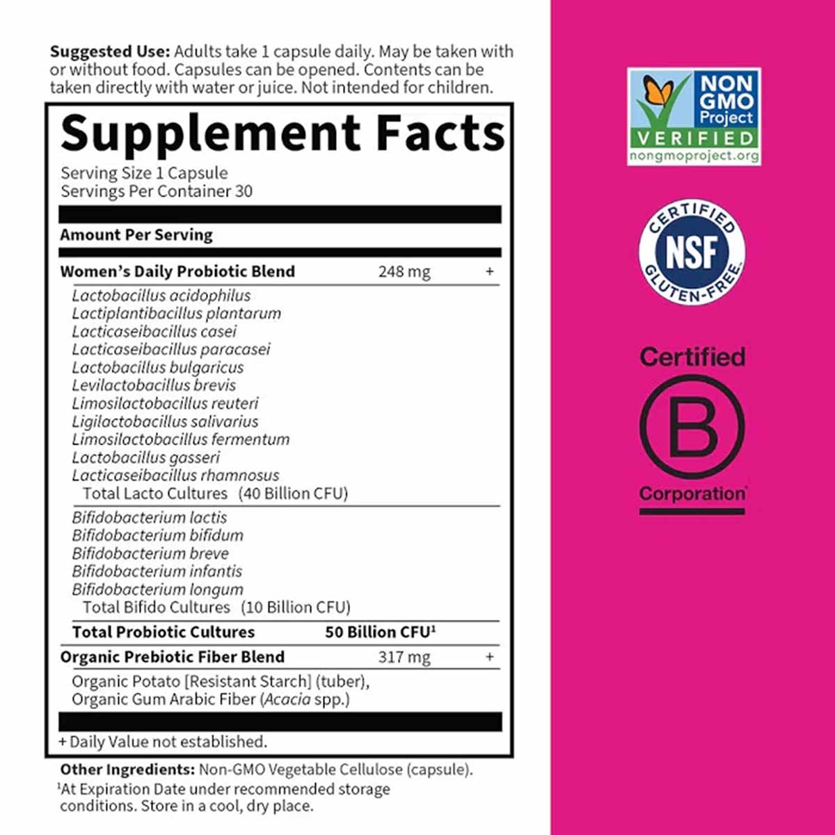 Dr. Formulated Probiotics Once Daily Women's supplement facts label showing 50 billion CFU probiotic blend and certification 