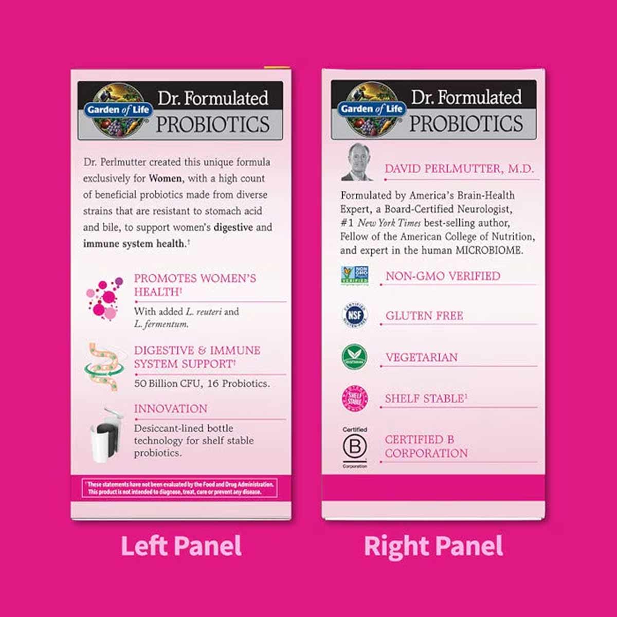 Dr. Formulated Probiotics Once Daily Women's supplement bottle packaging showing product benefits, ingredients, and certifica
