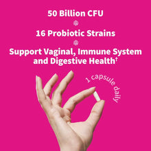 Hand holding a white probiotic capsule against a pink background with text stating 50 billion CFU and 16 probiotic strains.