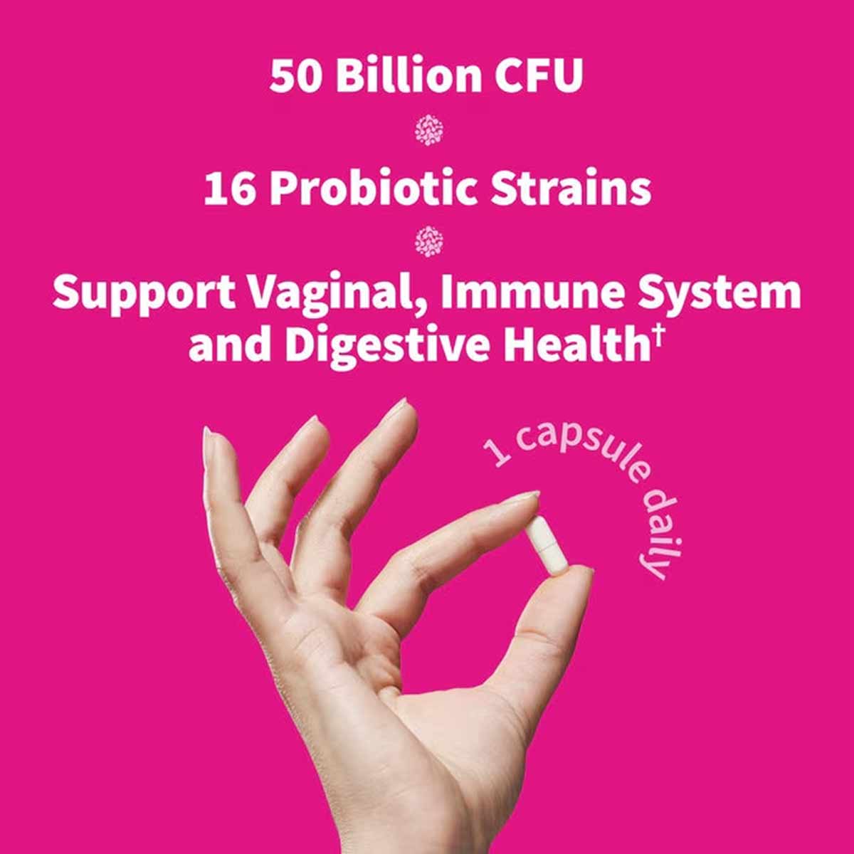 Hand holding a white probiotic capsule against a pink background with text stating 50 billion CFU and 16 probiotic strains.