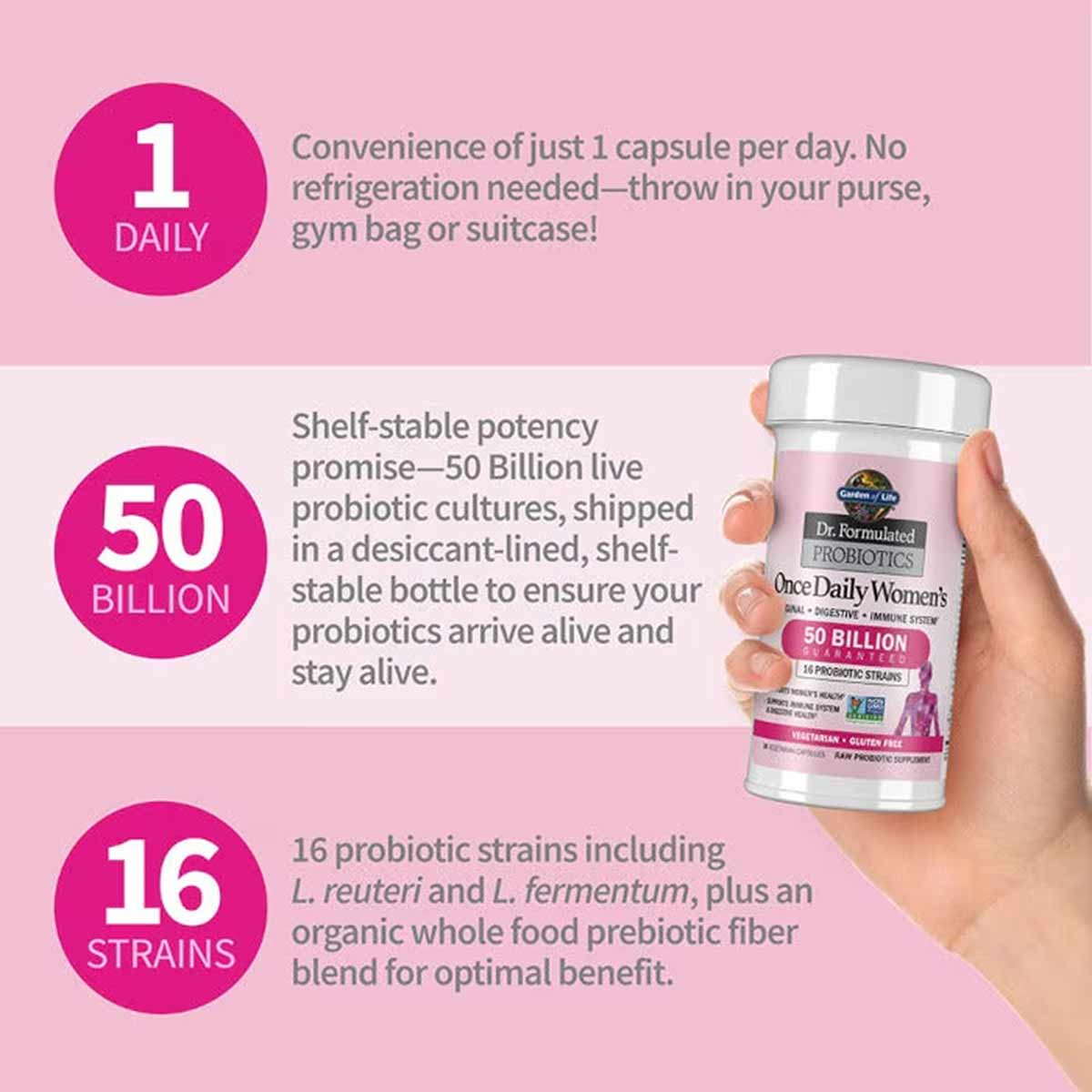 Hand holding a white and pink Garden of Life probiotic supplement bottle against pink background with product feature callout