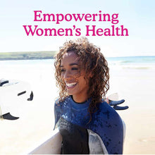 Woman holding surfboard on beach with text "Empowering Women's Health" at top.