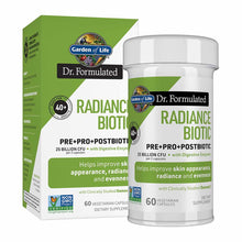 Green and white packaging box and white bottle of Dr. Formulated Radiance Biotic probiotic supplement with 60 vegetarian caps
