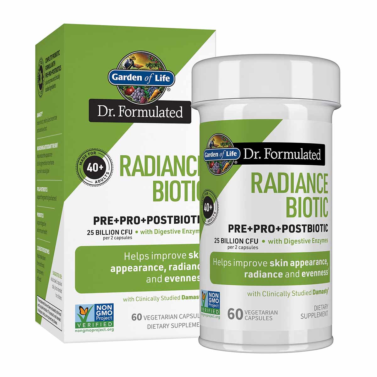 Green and white packaging box and white bottle of Dr. Formulated Radiance Biotic probiotic supplement with 60 vegetarian caps