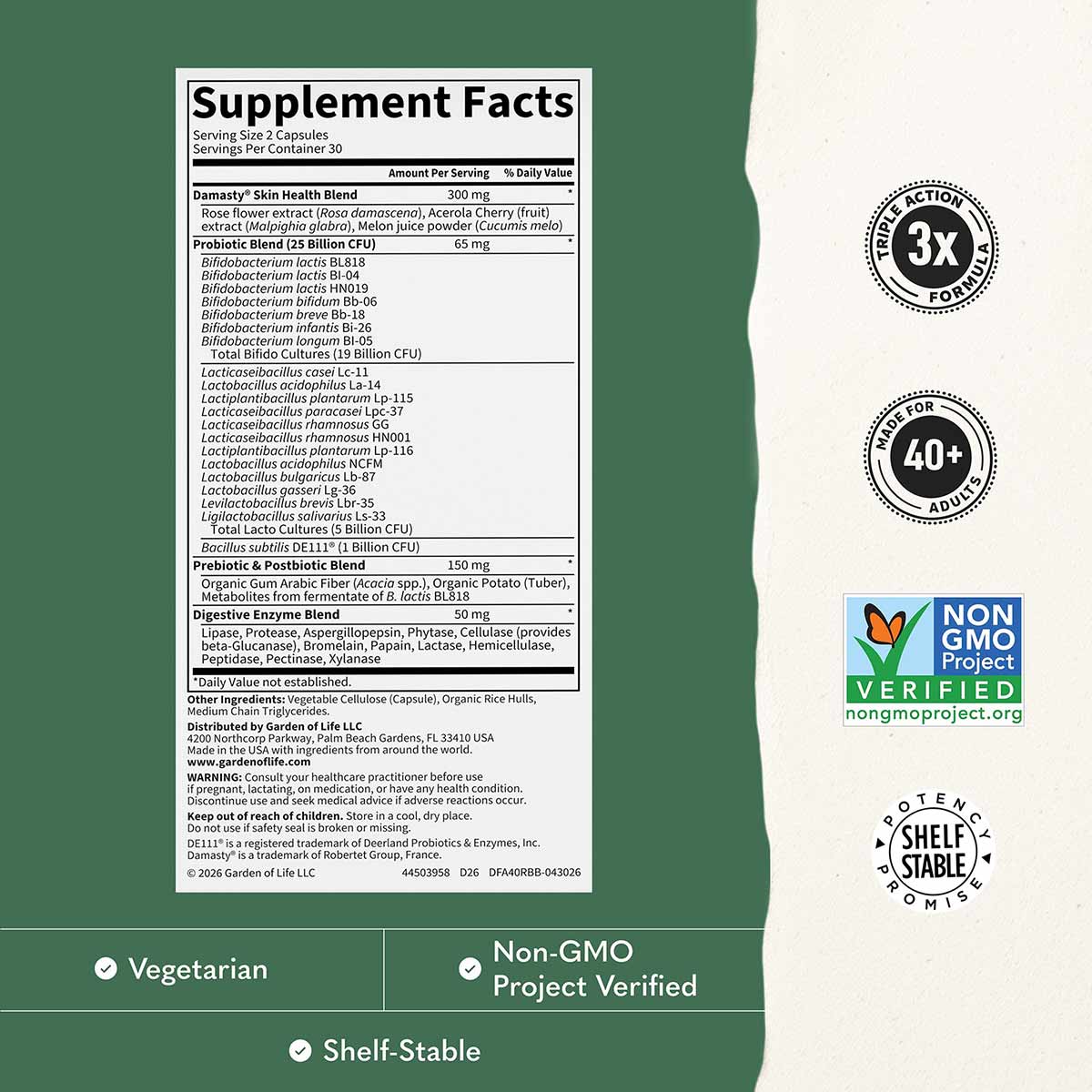 Supplement Facts label for Dr. Formulated Radiance Biotic capsules with probiotic and digestive enzyme blend ingredients list