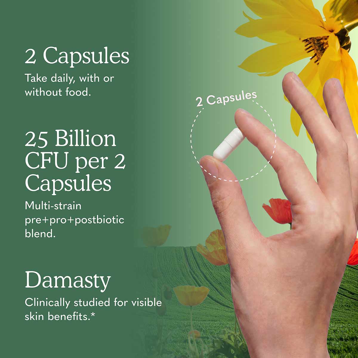 Hand holding white capsule with yellow flower and green background showing product dosage and CFU information.