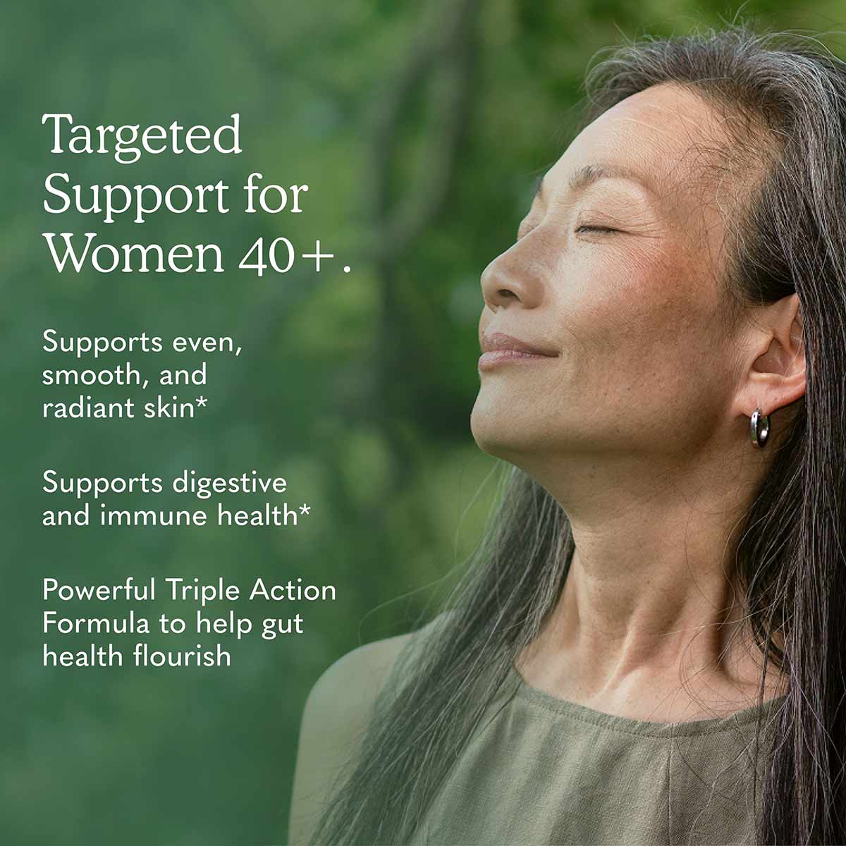 Woman with long dark hair and earring shown in profile against green background with product marketing text.