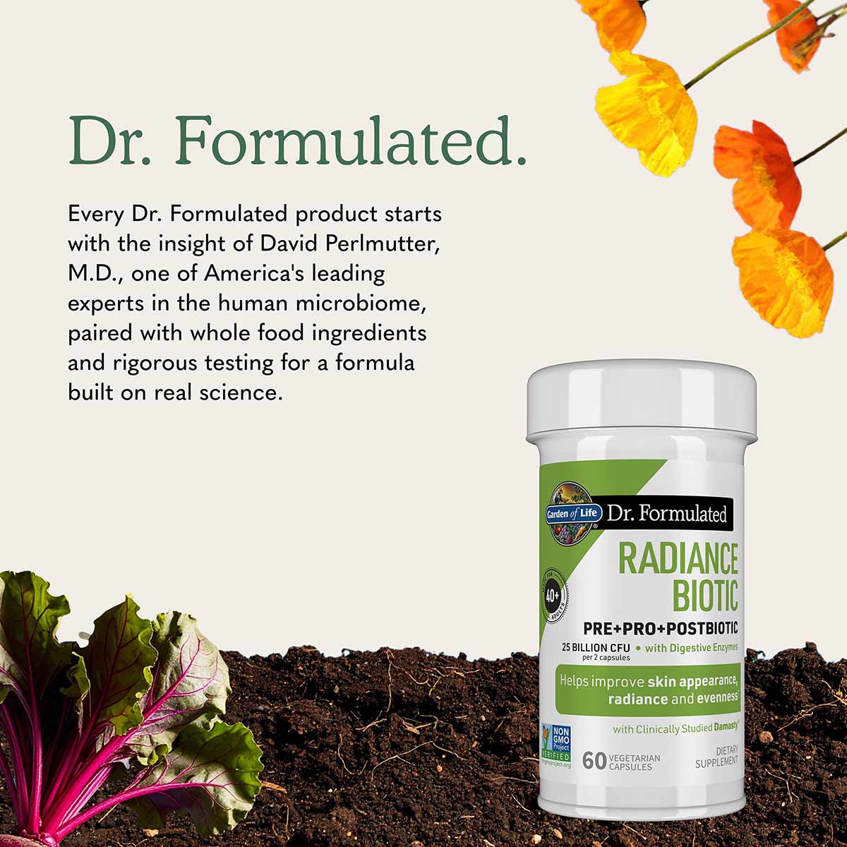 White and green bottle of Dr. Formulated Radiance Biotic with 60 vegetarian capsules, displayed with flowers and vegetables.