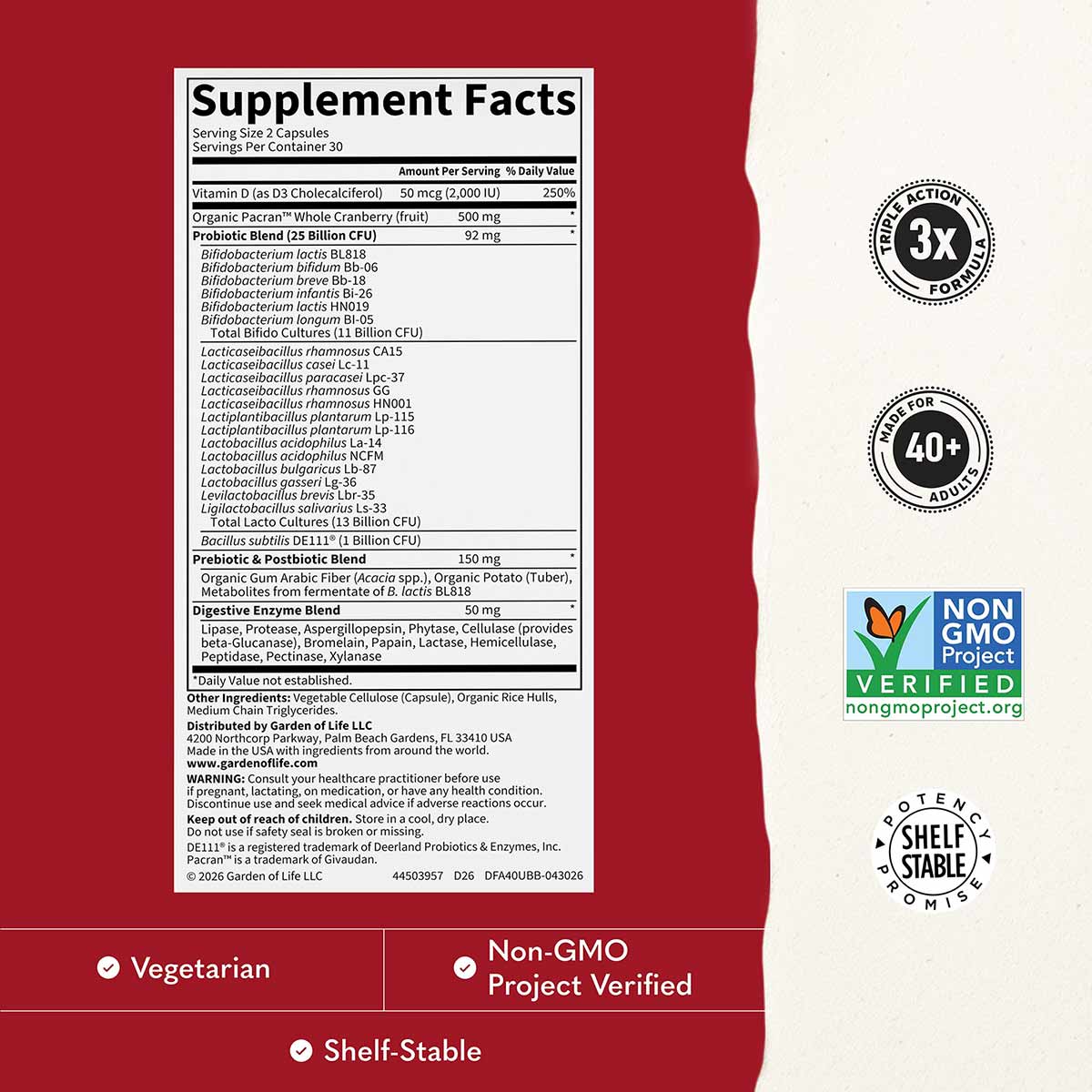 Supplement Facts label for Dr. Formulated URO Biotic showing ingredients including probiotics, cranberry, and digestive enzym