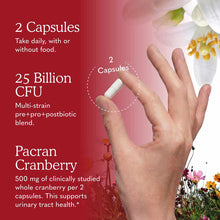Hand holding two white capsules with text describing 25 billion CFU probiotic blend and Pacran cranberry supplement details o