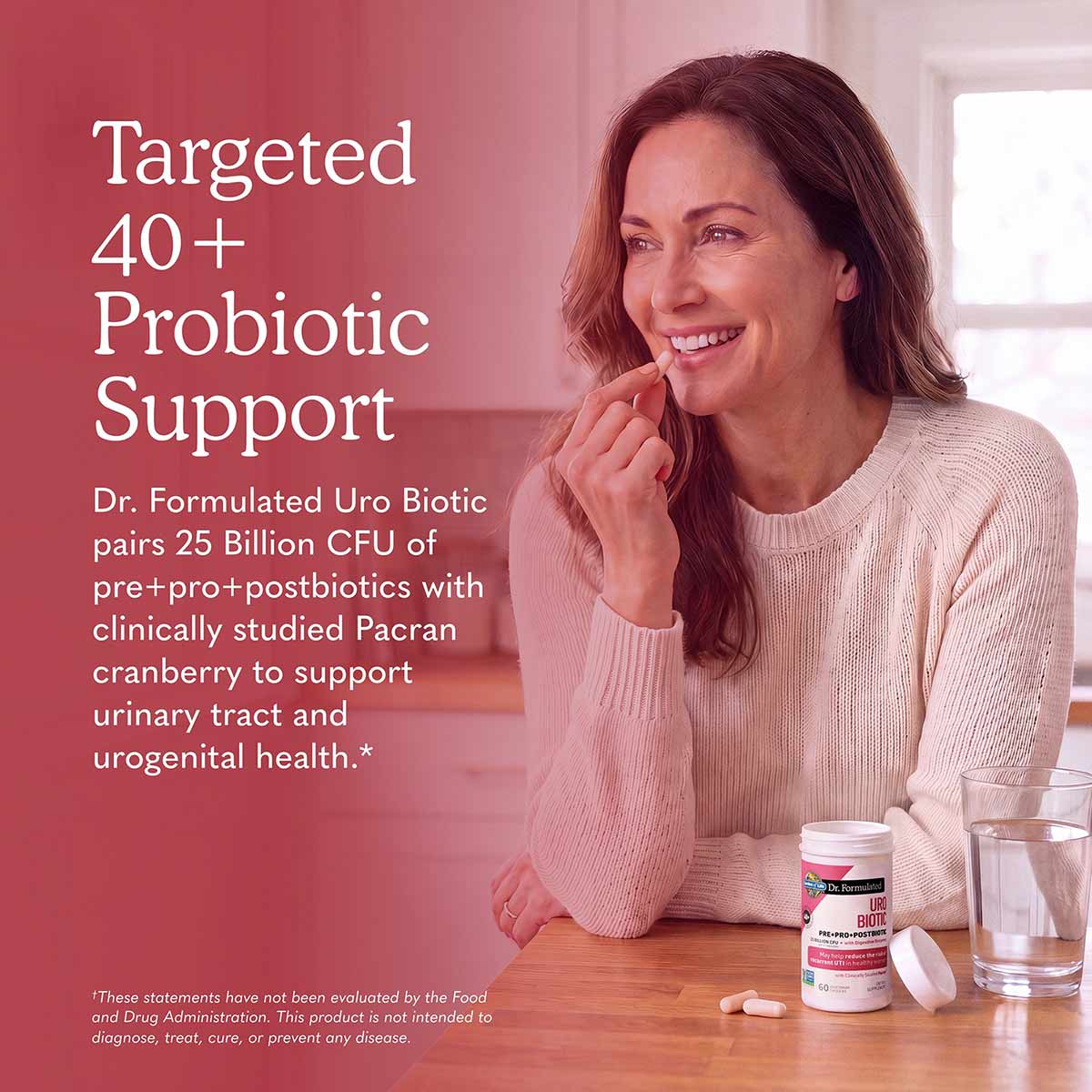 Dr. Formulated Uro Biotic supplement bottle with white label and pink accent displayed on wooden table next to glass of water