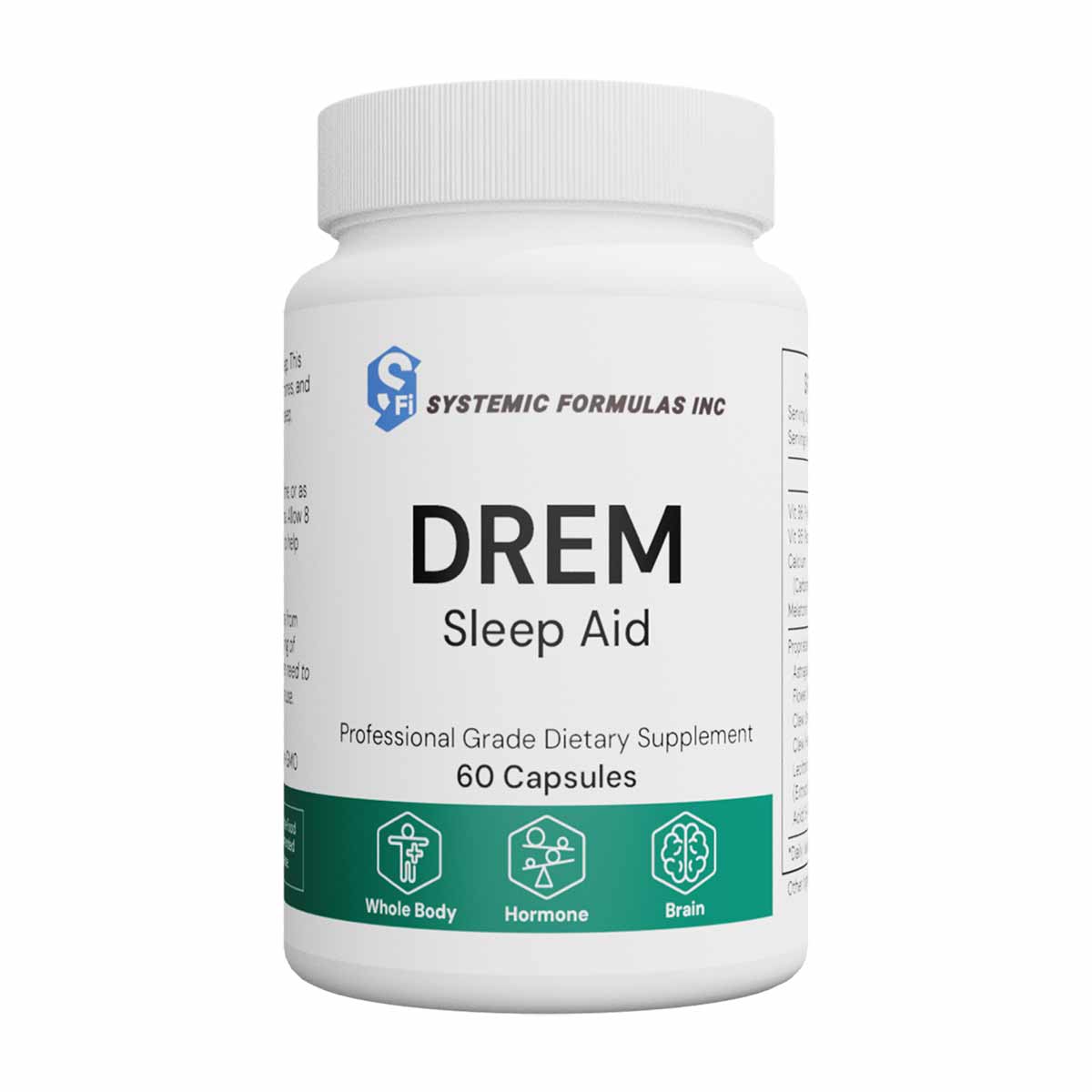 White bottle of DREM Sleep Aid by Systemic Formulas containing 60 capsules with green label band.