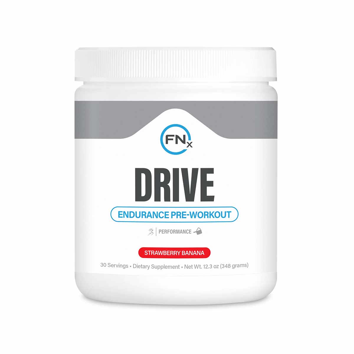 Fenix Nutrition Drive Endurance Pre-Workout powder in Strawberry Banana flavor, 12.3 oz container with white lid.