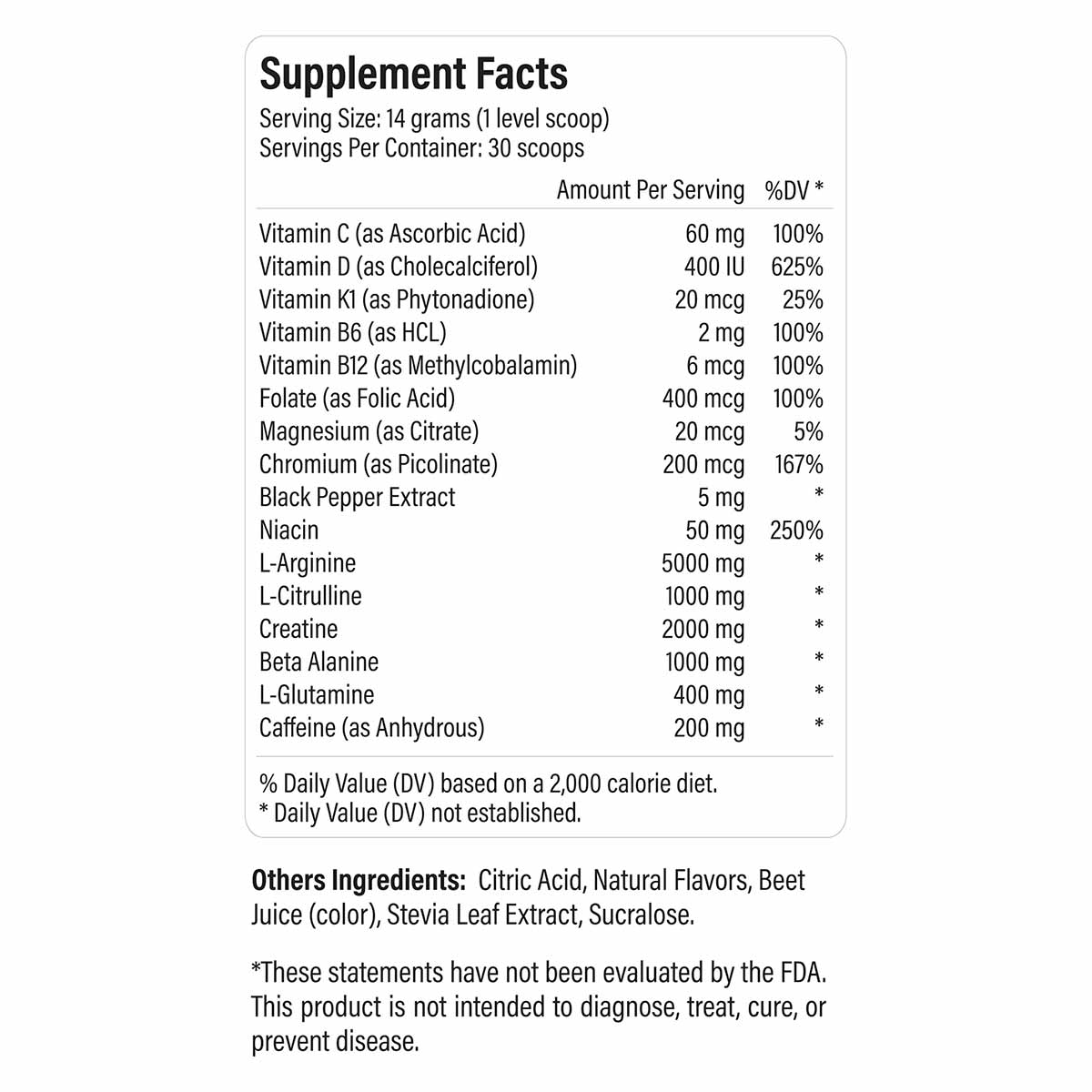 Supplement Facts label for Drive Endurance Pre-Workout showing serving size, vitamins, amino acids, and ingredients with dail