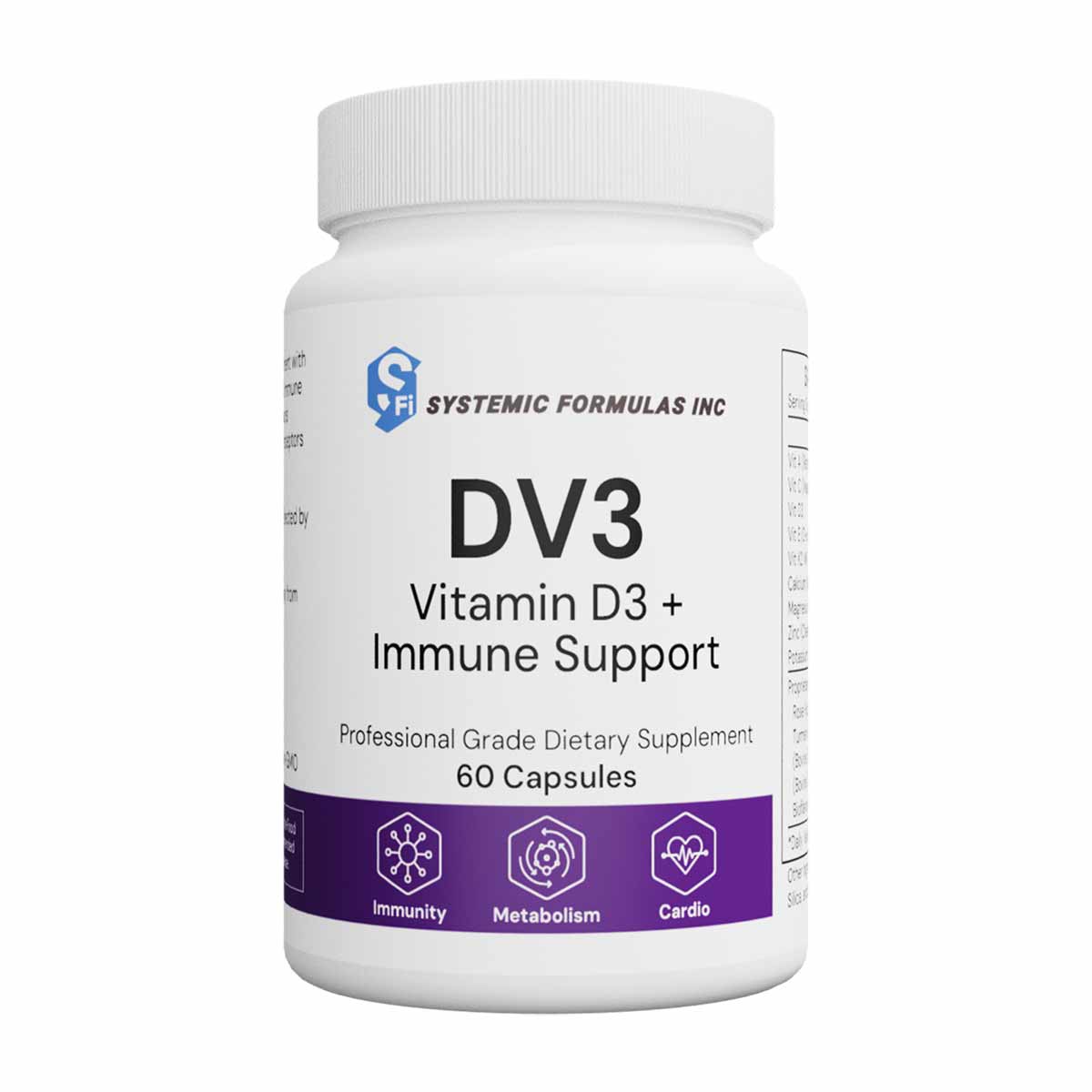 White bottle of DV3 Vitamin D3 Plus Immune Support containing 60 capsules by Systemic Formulas.