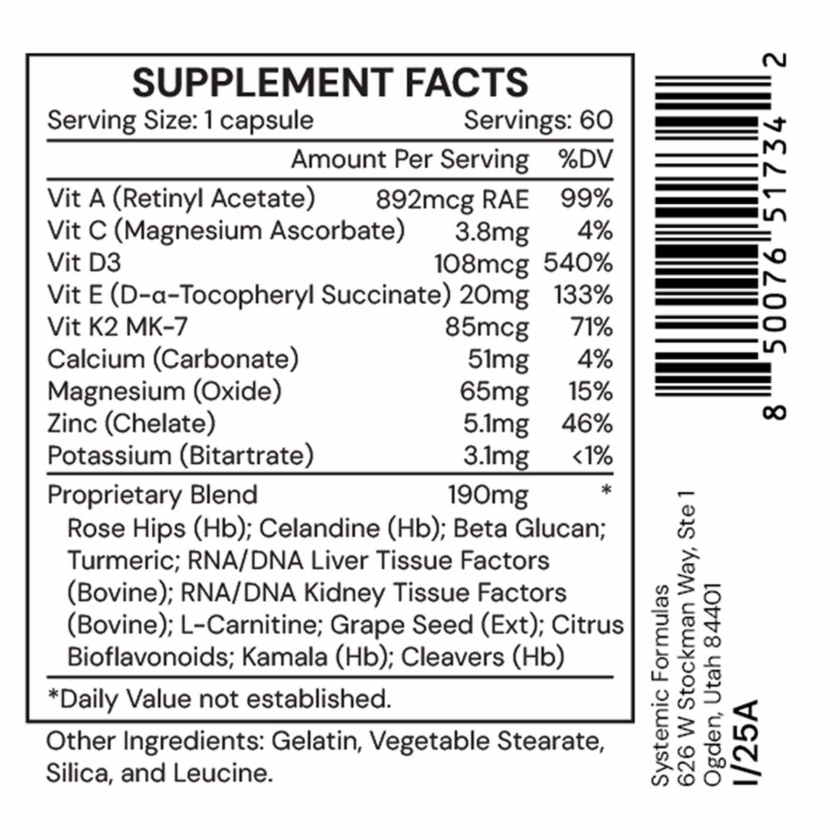 Supplement facts label for DV3 Vitamin D3 Plus with 60 capsules, listing vitamins, minerals, and proprietary blend ingredient