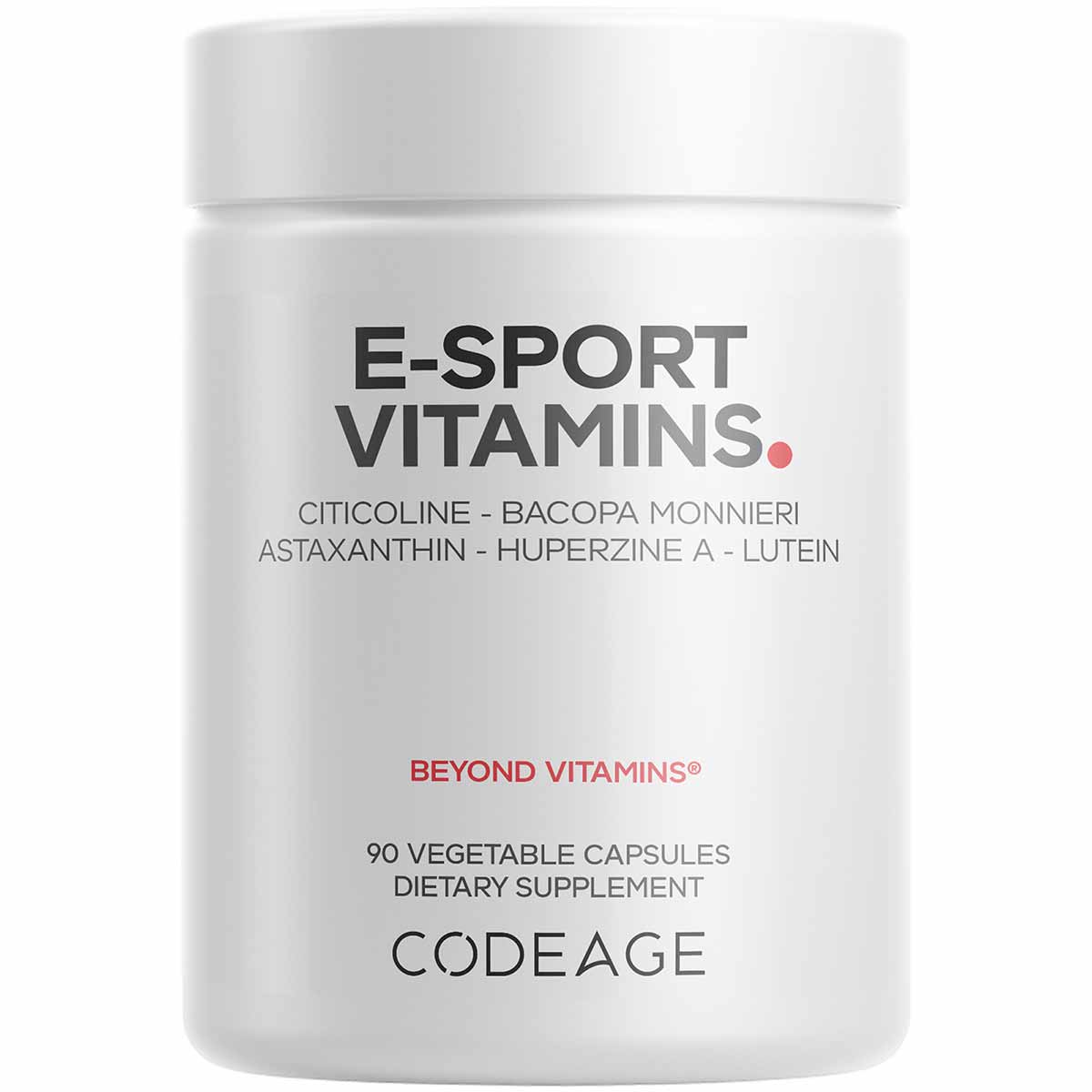 White bottle of E-Sport Vitamins+ containing 90 vegetable capsules with ingredient list including citicoline, bacopa, astaxan