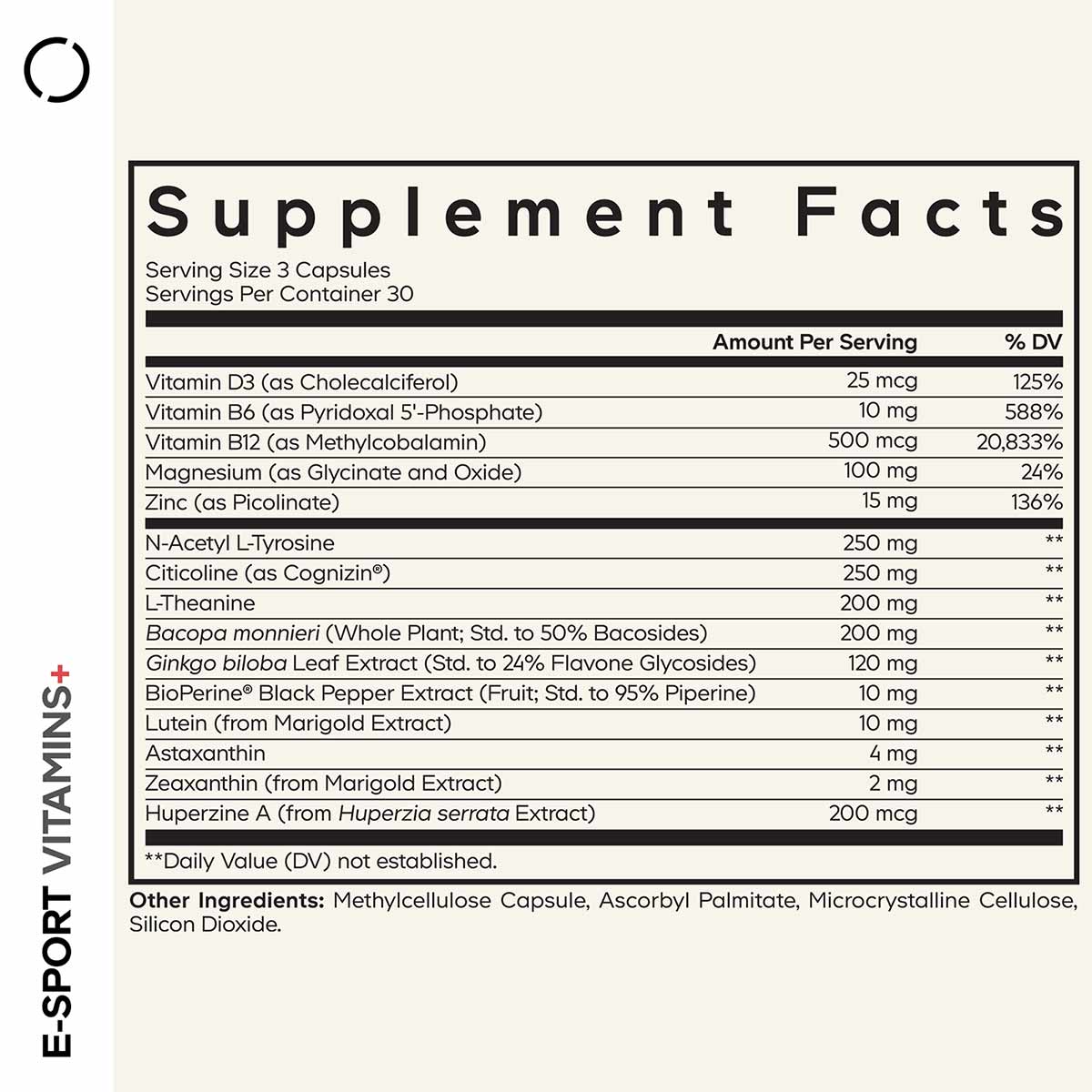 Supplement Facts label for E-Sport Vitamins+ showing ingredients including vitamins D3, B6, B12, magnesium, zinc, and herbal 