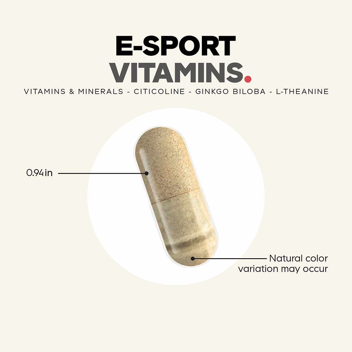 Tan capsule supplement labeled E-Sport Vitamins containing vitamins, minerals, citicoline, ginkgo biloba, and L-theanine.
