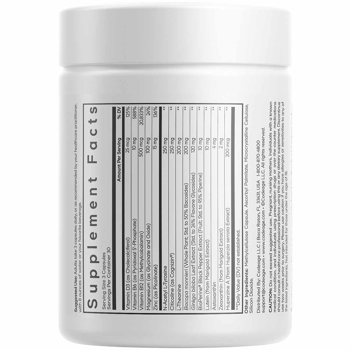White supplement container with white lid showing "Supplement Facts" label listing vitamins and ingredients.
