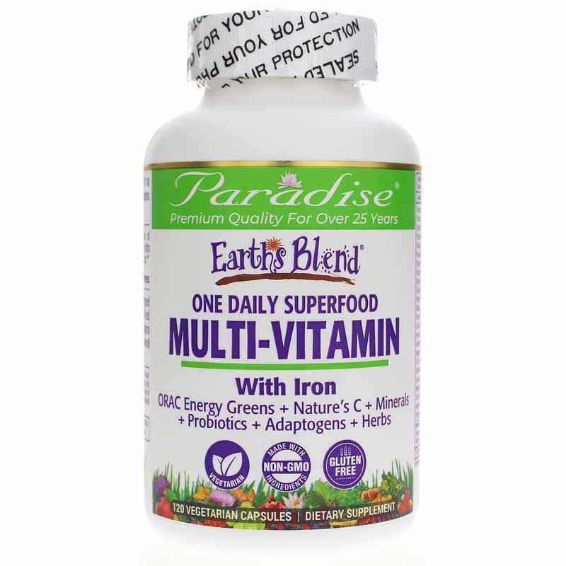 Earth's Blend Superfood Multivitamin with Iron, 120 Veg Capsules, by Paradise Herbs