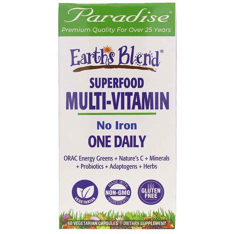 Earth's Blend Superfood Multivitamin No Iron, 60 Veg Capsules, by Paradise Herbs