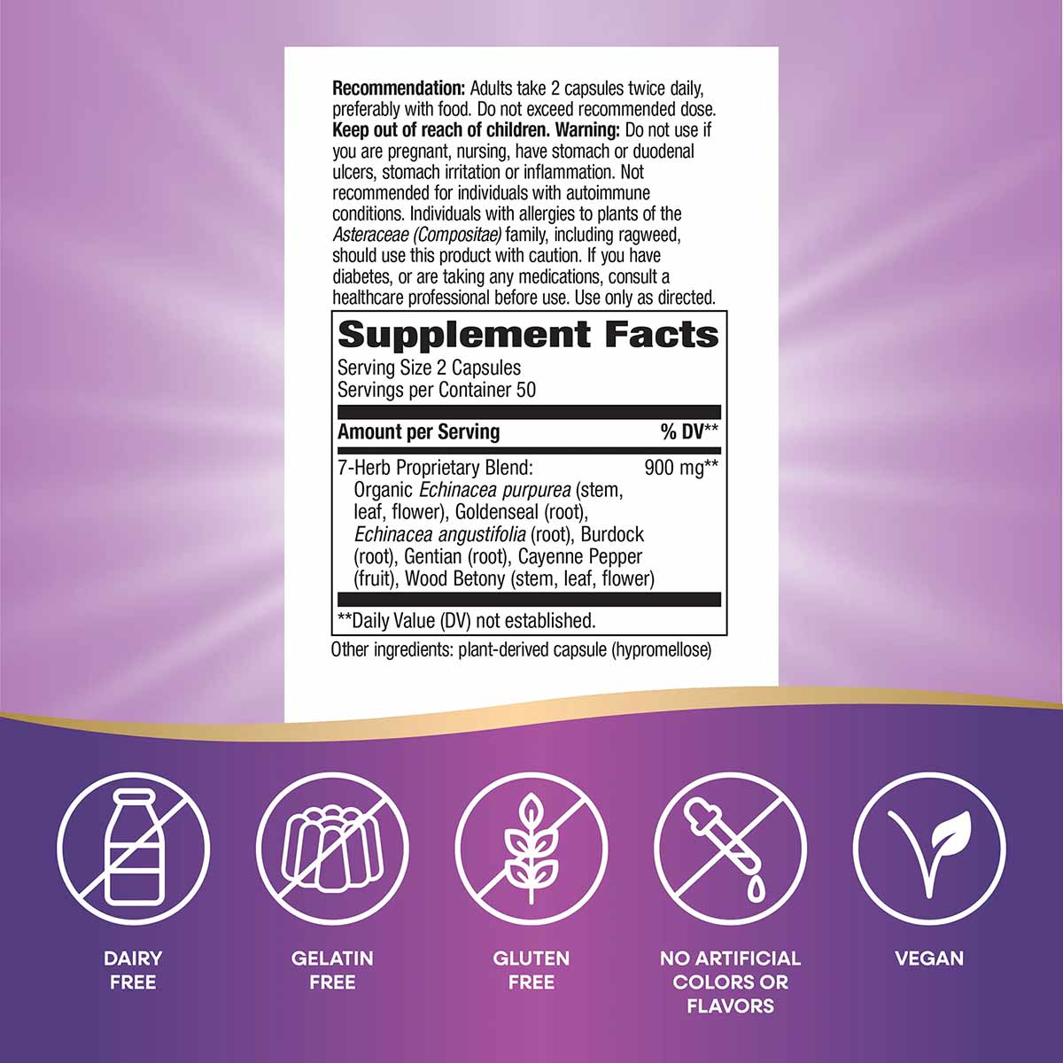 Supplement Facts label for Echinacea Goldenseal Premium Blend with dosage instructions and ingredient list on purple backgrou