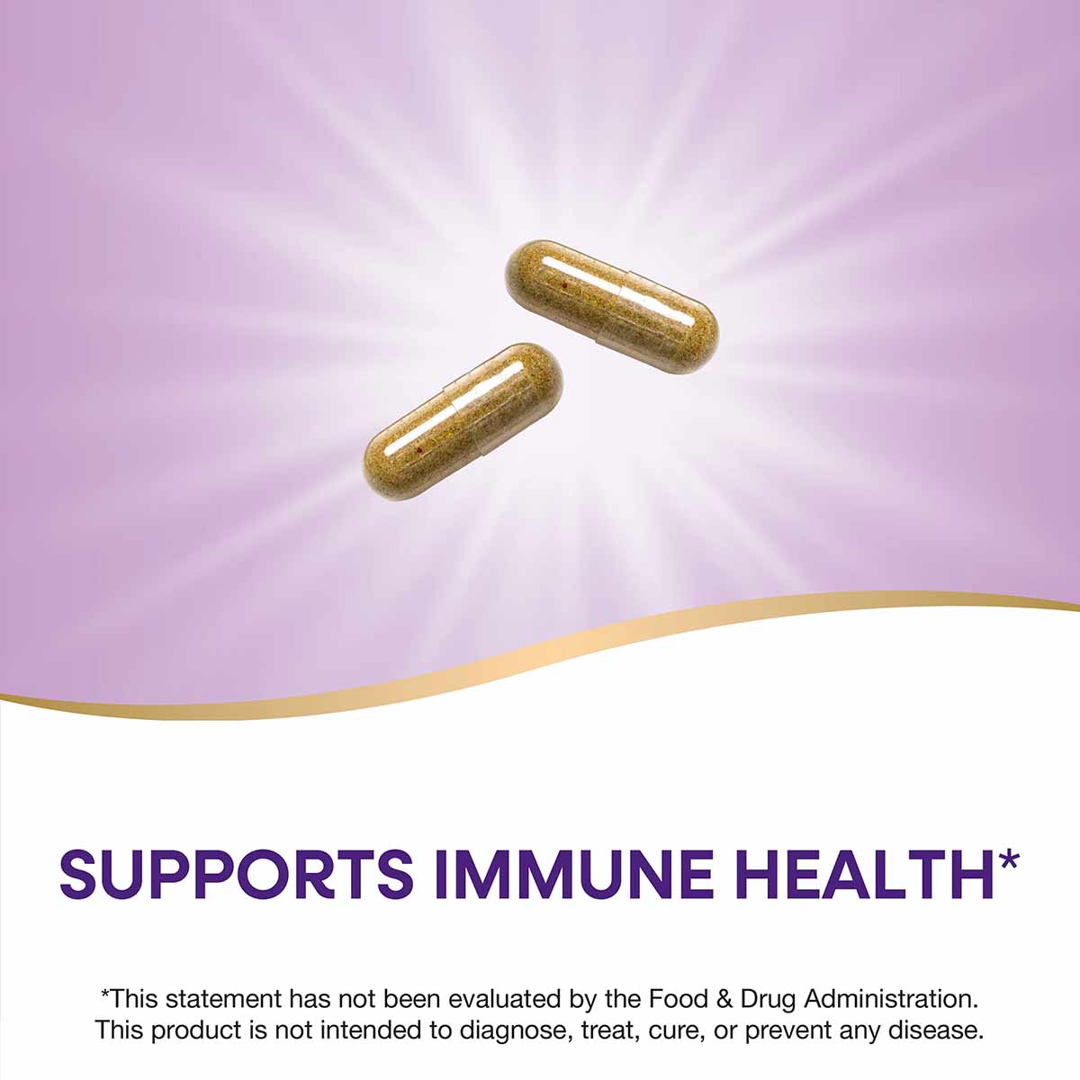 Two golden capsules on purple background with radiating light effect.