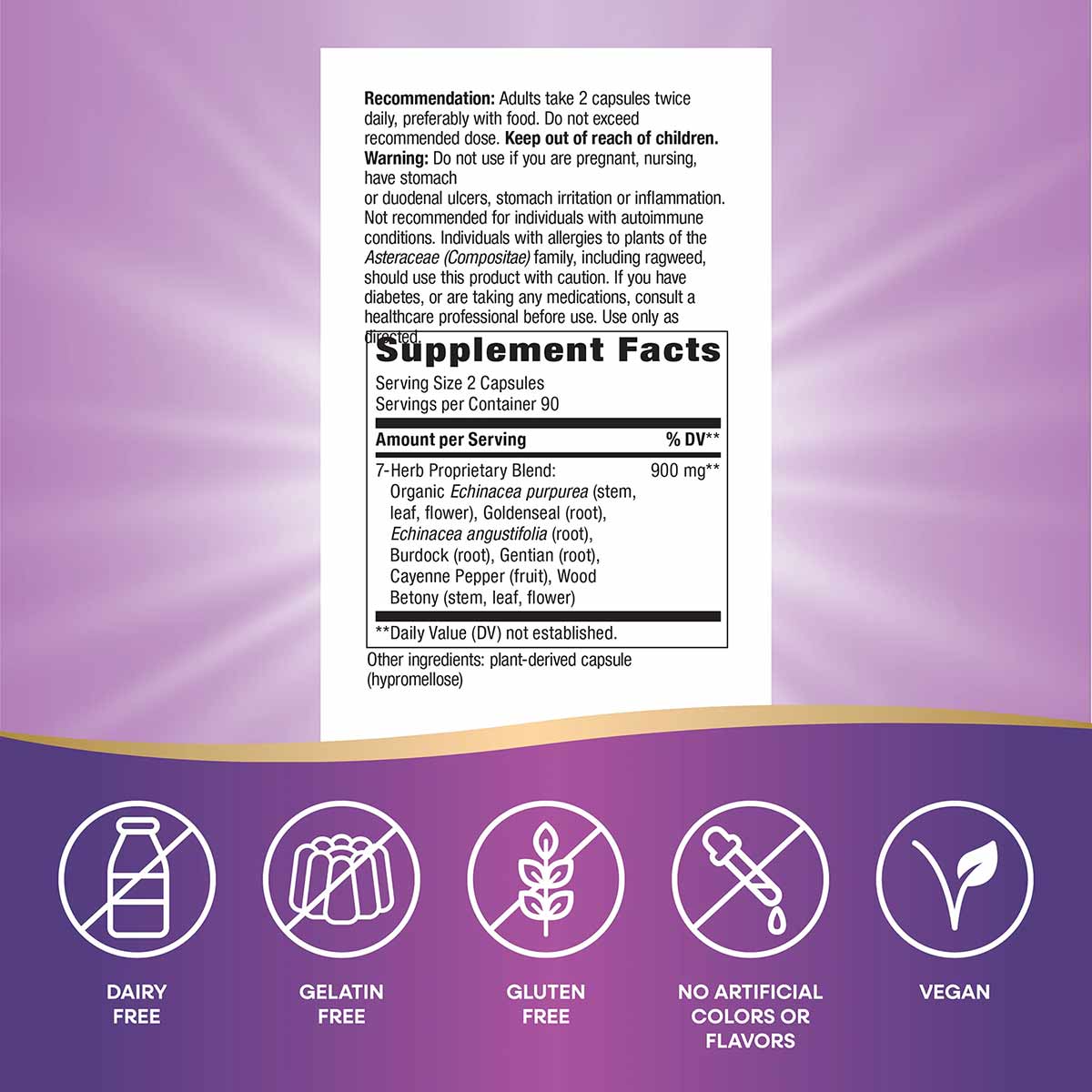 Supplement Facts label for Echinacea Goldenseal blend with serving instructions, ingredients list, and certification icons on