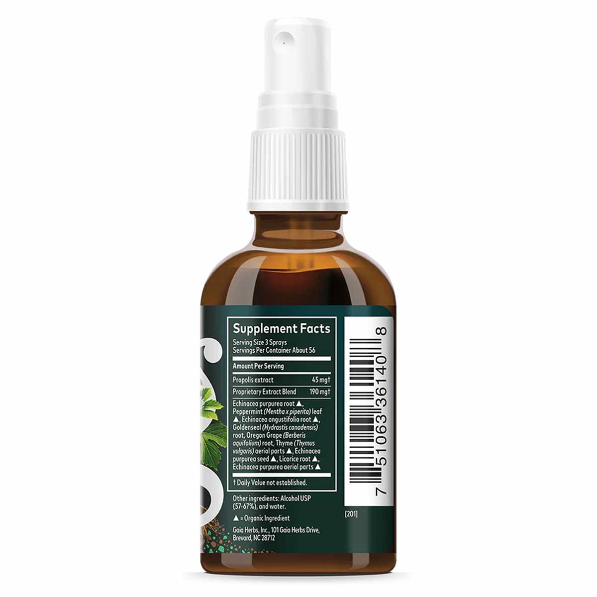 Brown glass spray bottle with white pump top and green label featuring supplement facts and herbal ingredients.