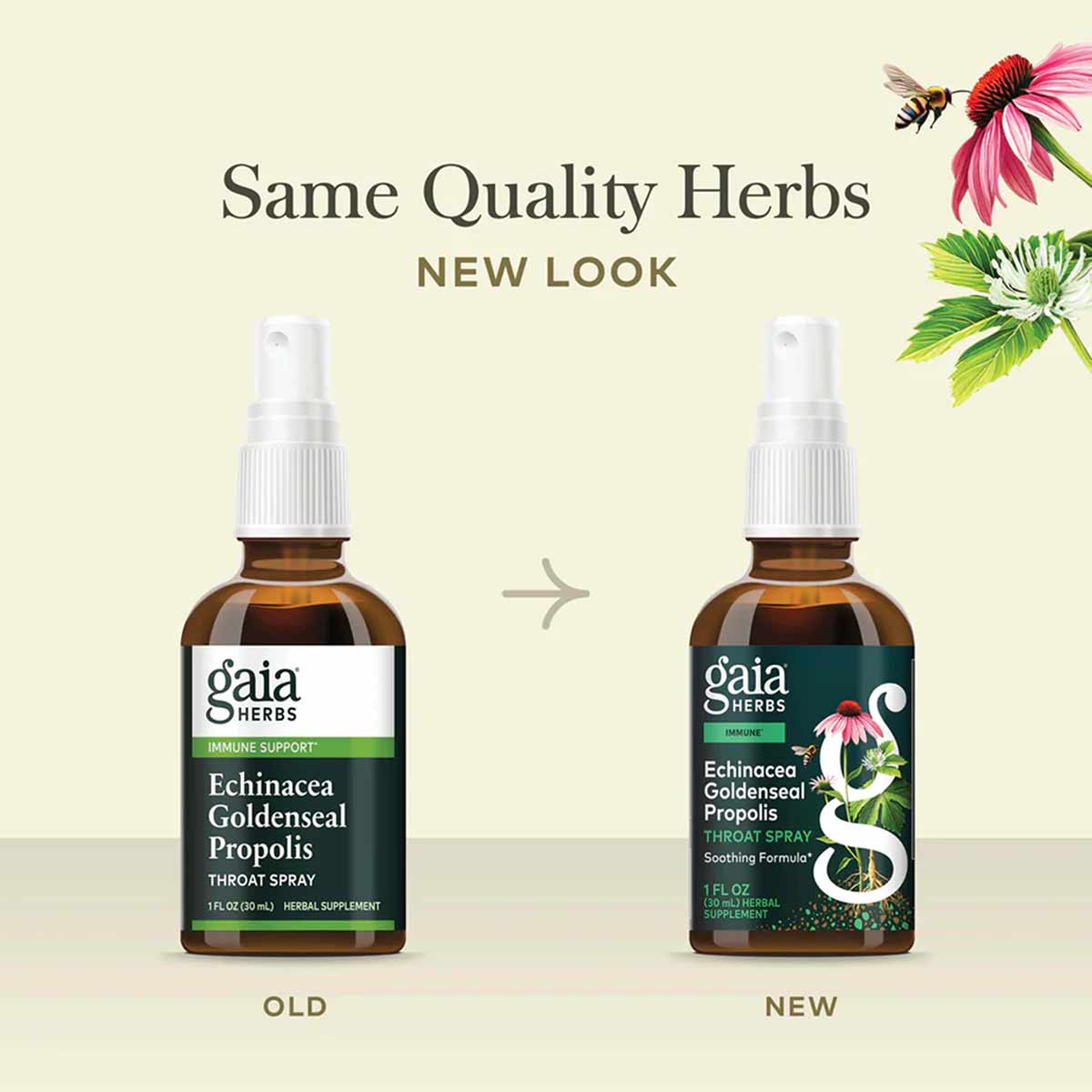 Two amber spray bottles of Gaia Herbs Echinacea Goldenseal Propolis Throat Spray showing old and new label designs.