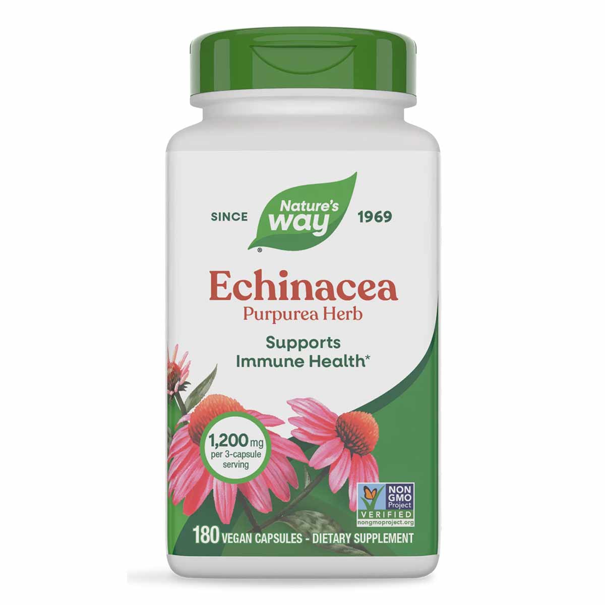 Nature's Way Echinacea Purpurea Herb bottle with green cap and label showing pink flowers, 180 vegan capsules.