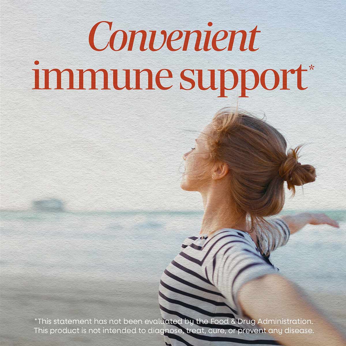 Woman in striped shirt viewing ocean with text "Convenient immune support" on Echinacea Purpurea Herb product packaging.