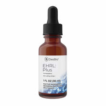 Dark amber glass dropper bottle labeled EHRL: Plus by DesBio, 1 fl oz size, with black cap and white label.