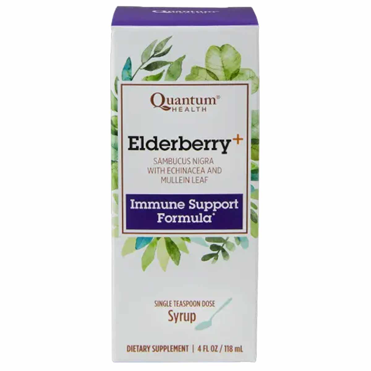 Quantum Health Elderberry+ Immune Support Formula syrup bottle, 4 fl oz, with purple top and leaf illustrations on white pack