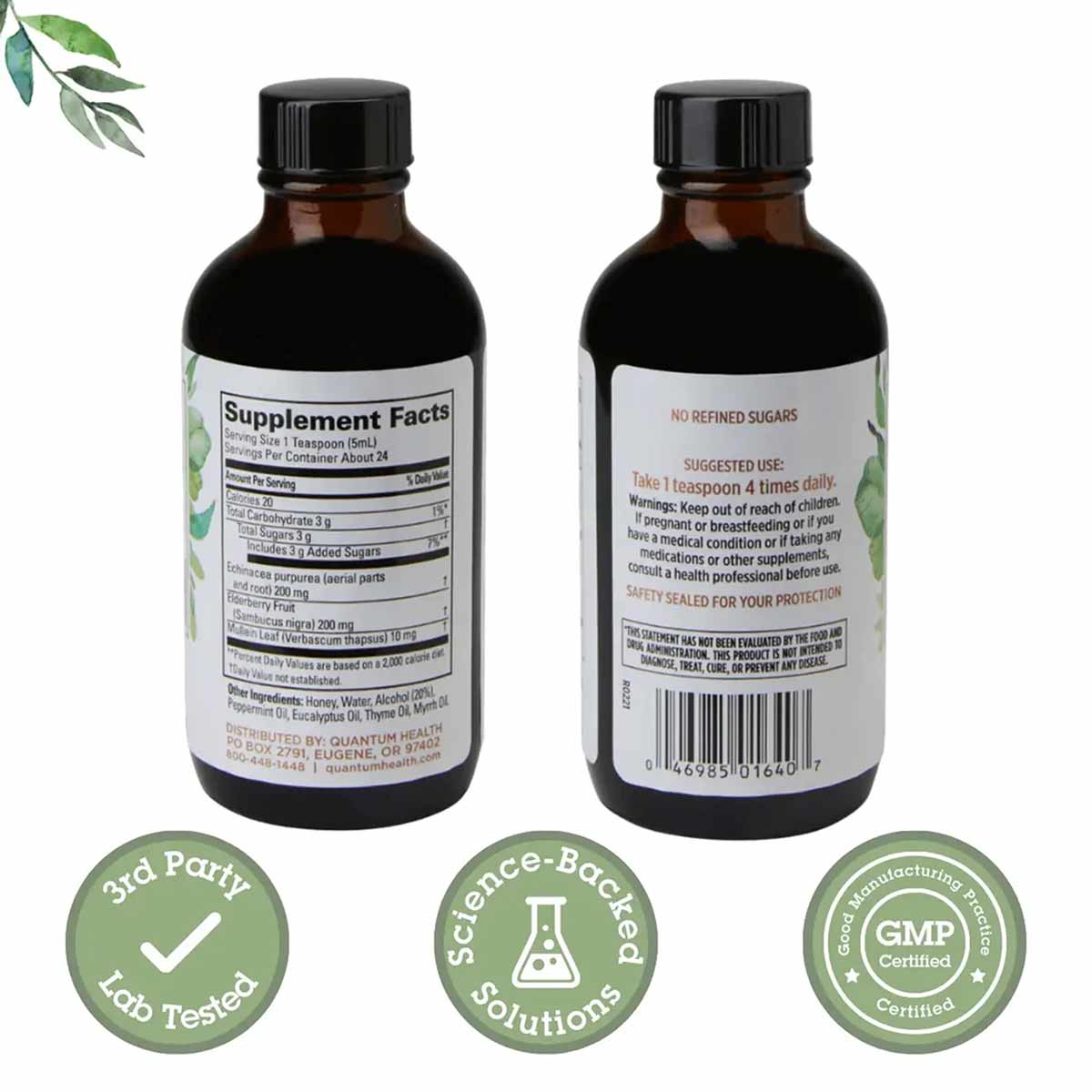 Dark brown liquid syrup bottle with black cap, displaying supplement facts label and usage instructions on front and back.